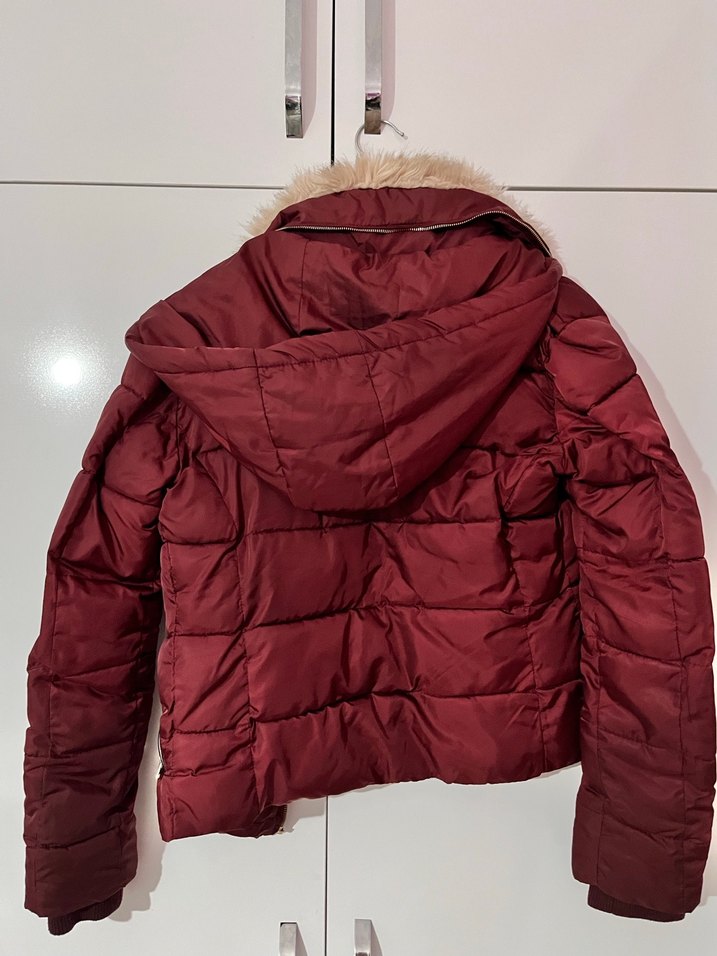 Bordo Kürklü Kadın Kışlık Mont Pull&Bear - Görsel 3