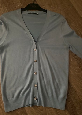 Zara Taşlı Mavi V Yaka Düğmeli Kadın Hırka - Görsel 2