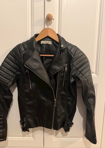 Siyah Deri Biker Ceket, Fermuarlı, Dar Kesim - Görsel 2