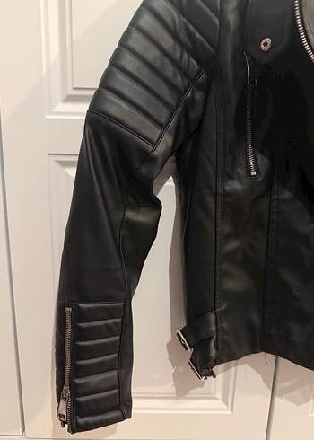 Siyah Deri Biker Ceket, Fermuarlı, Dar Kesim - Görsel 5