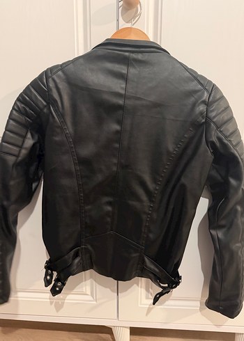 Siyah Deri Biker Ceket, Fermuarlı, Dar Kesim - Görsel 3
