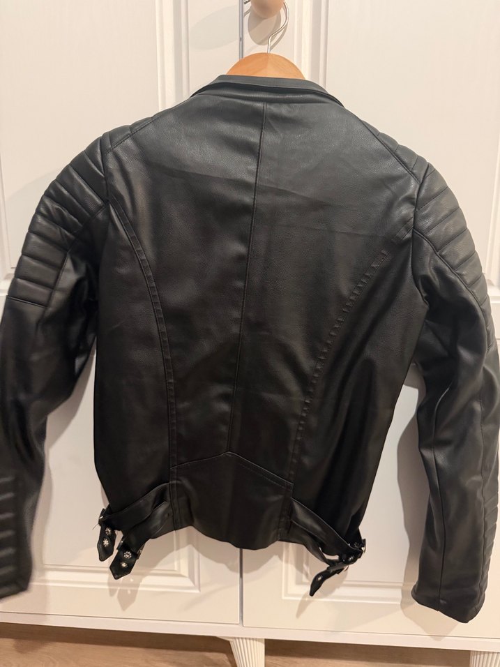 Siyah Deri Biker Ceket, Fermuarlı, Dar Kesim - Görsel 3