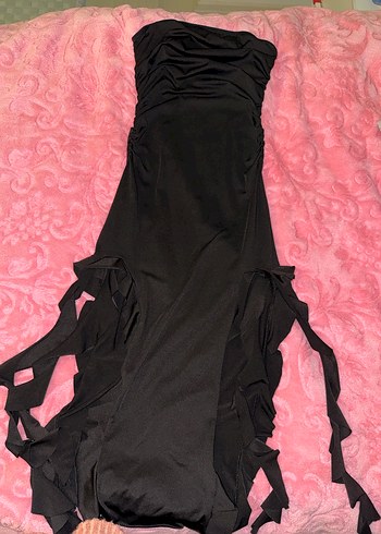 Siyah Straplez Uzun Drapeli Gotik Elbise - Görsel 2