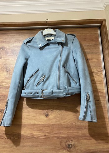 Gri Süet Kısa Biker Deri Ceket - Görsel 2