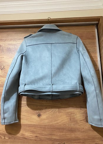 Gri Süet Kısa Biker Deri Ceket - Görsel 3
