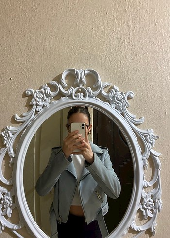 Gri Süet Kısa Biker Deri Ceket - Görsel 4