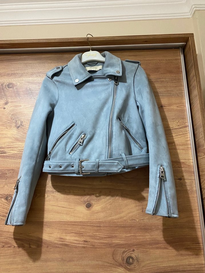 Gri Süet Kısa Biker Deri Ceket - Görsel 2