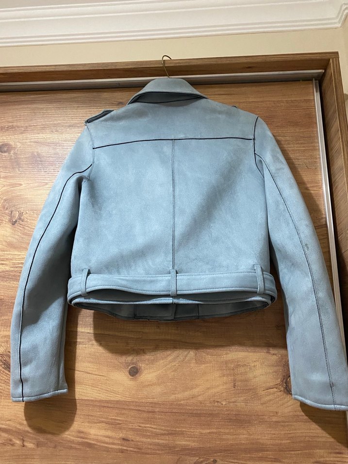 Gri Süet Kısa Biker Deri Ceket - Görsel 3