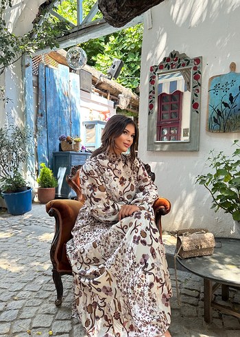 Uzun Kollu Kahverengi Etnik Desenli Bohem Elbise - Görsel 2