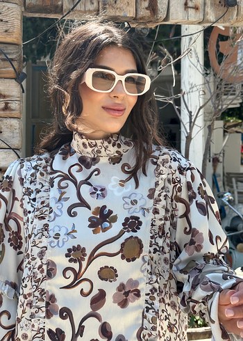 Uzun Kollu Kahverengi Etnik Desenli Bohem Elbise - Görsel 3