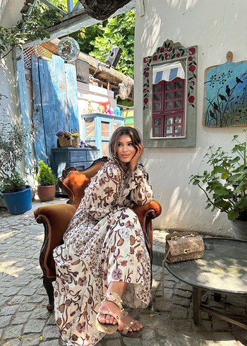 Uzun Kollu Kahverengi Etnik Desenli Bohem Elbise - Görsel 6