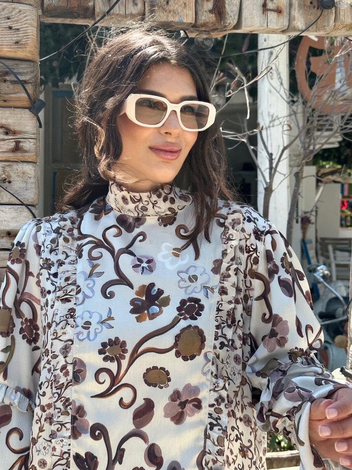 Uzun Kollu Kahverengi Etnik Desenli Bohem Elbise - Görsel 3