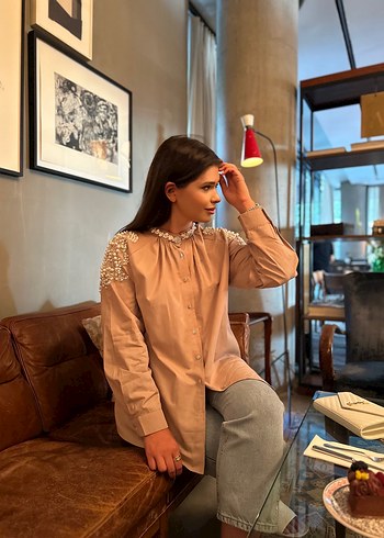 Bej Drapeli Mini Kadın Gömlek - Görsel 3