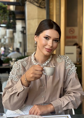 Bej Drapeli Mini Kadın Gömlek - Görsel 5