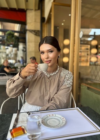 Bej Drapeli Mini Kadın Gömlek - Görsel 6