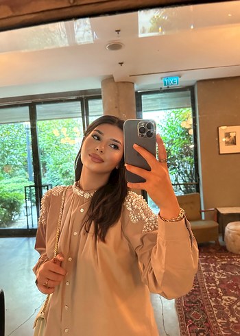 Bej Drapeli Mini Kadın Gömlek - Görsel 4