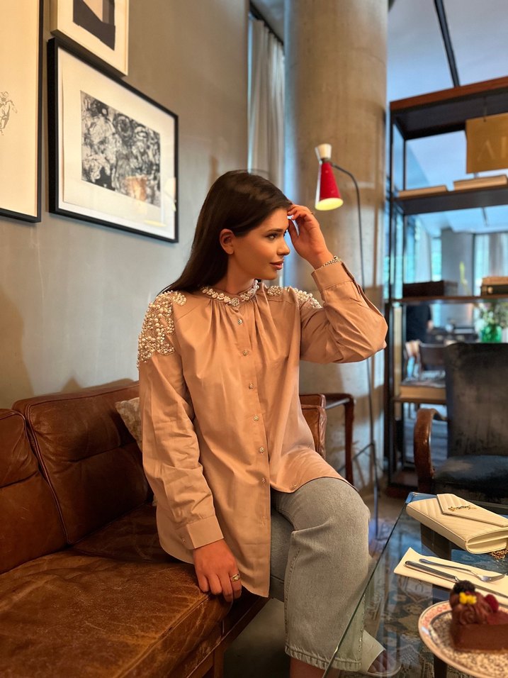 Bej Drapeli Mini Kadın Gömlek - Görsel 3