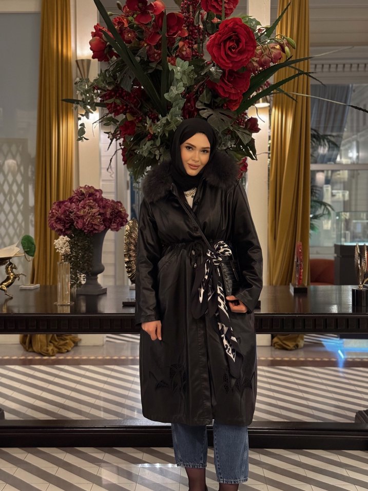 Kürklü Siyah Deri Kadın Ceket - Görsel 3