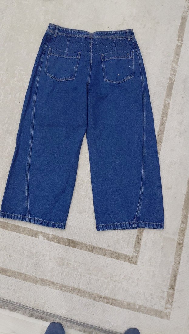 Zara  Mavi Payetli Bol Kesim Midi Kot Pantolon model 17 - Görsel 2