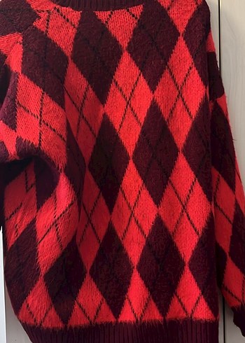 Kırmızı Desenli Bohem Kadın Triko Kazak - Görsel 2