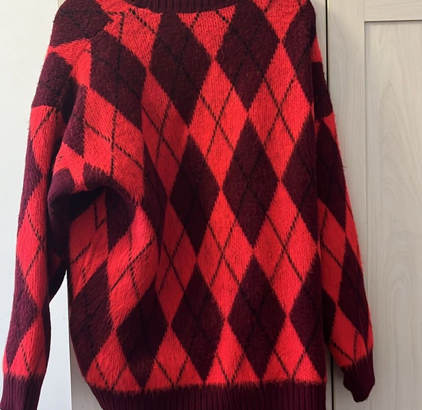 Kırmızı Desenli Bohem Kadın Triko Kazak - Görsel 2