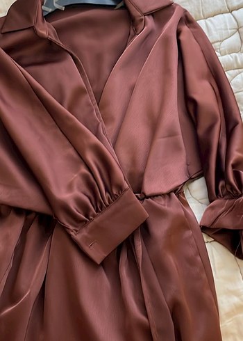 Kahverengi V Yaka Uzun Kadın Elbise - Görsel 3