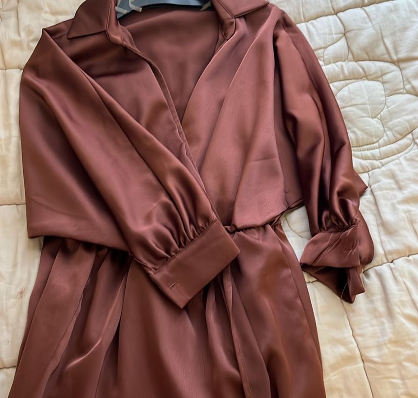 Kahverengi V Yaka Uzun Kadın Elbise - Görsel 3