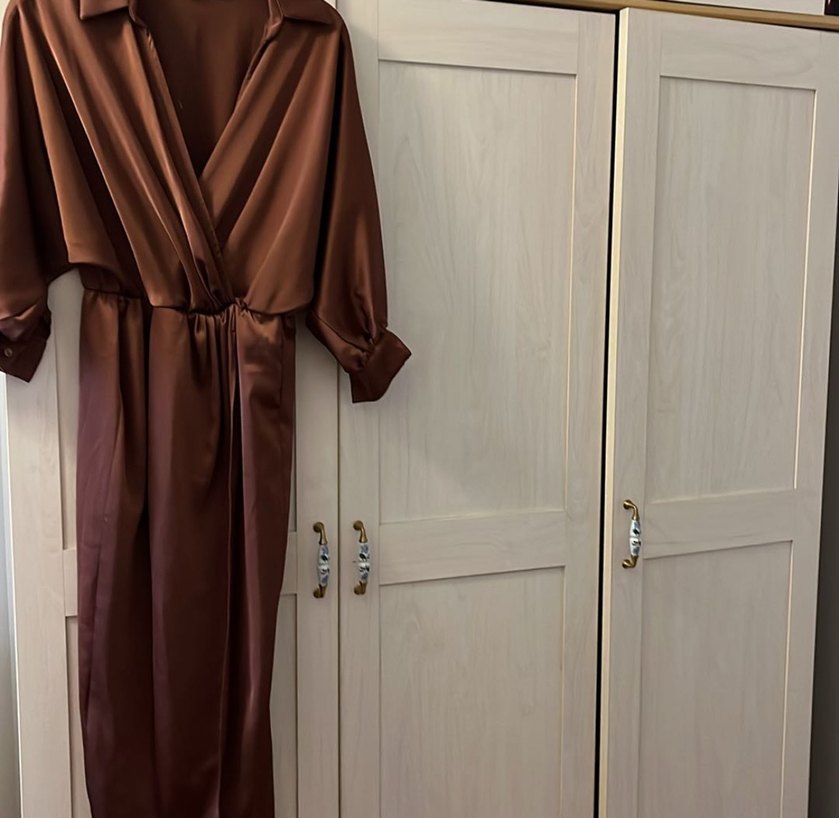 Kahverengi V Yaka Uzun Kadın Elbise - Görsel 2