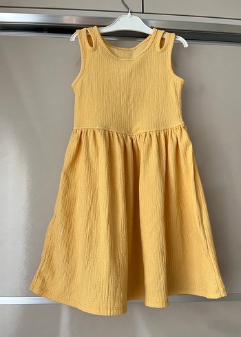 Kolsuz Sarı Keten Kız Elbisesi - Görsel 2