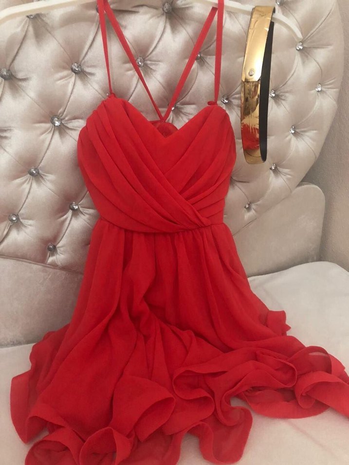 Kırmızı Askılı Midi Abiye Elbise - Görsel 3