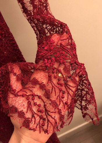 Bordo Dantel İşlemeli Midi Abiye Elbise - Görsel 5