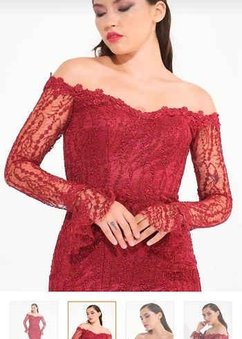 Bordo Dantel İşlemeli Midi Abiye Elbise - Görsel 2