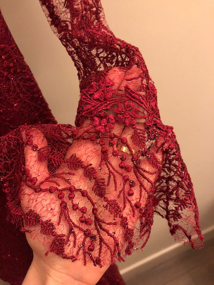 Bordo Dantel İşlemeli Midi Abiye Elbise - Görsel 5