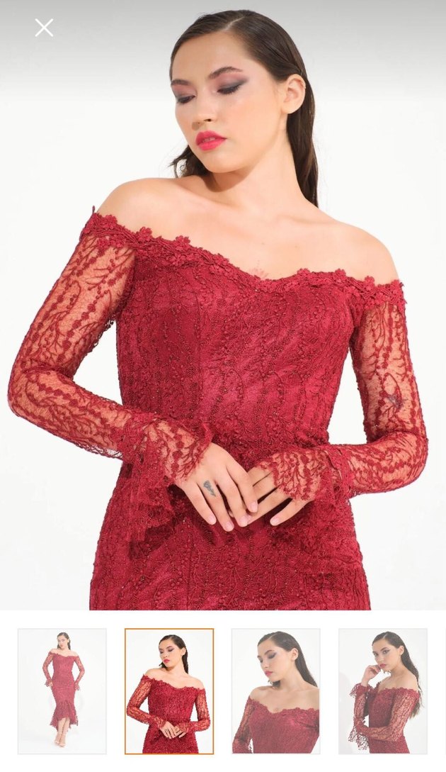 Bordo Dantel İşlemeli Midi Abiye Elbise - Görsel 2