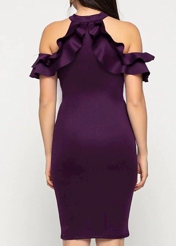 Mor Volanlı Straplez Midi Elbise - Görsel 3