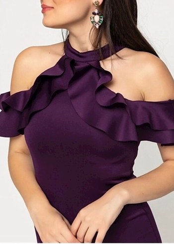 Mor Volanlı Straplez Midi Elbise - Görsel 2