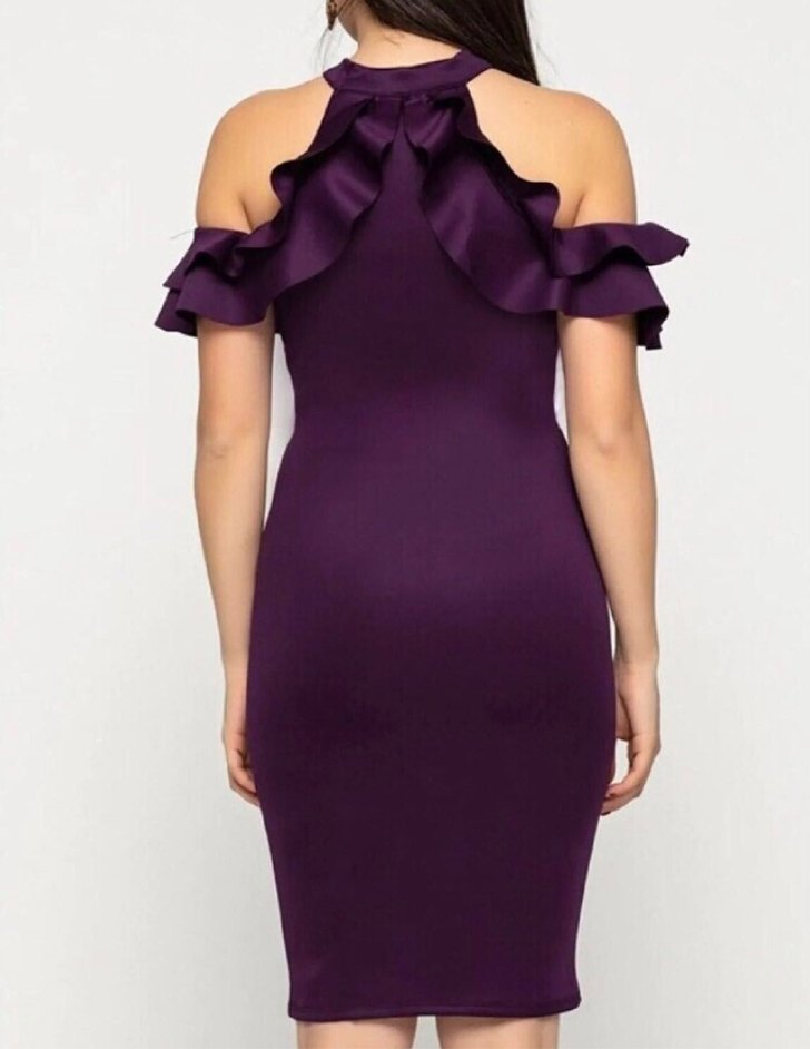 Mor Volanlı Straplez Midi Elbise - Görsel 3