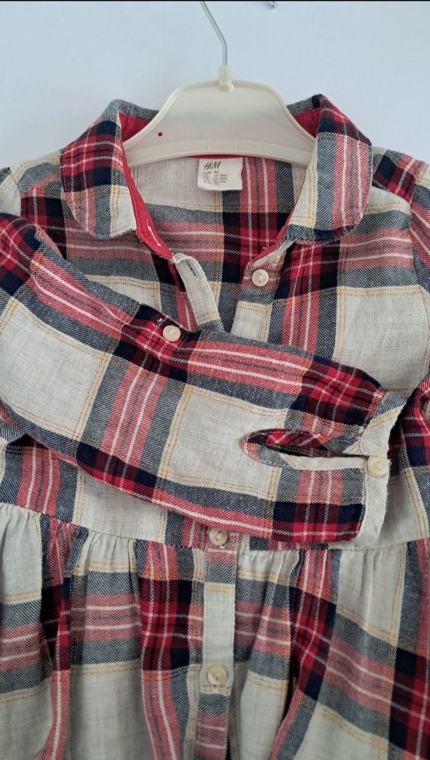 H&M Uzun Kollu Düğmeli Kareli Kız Elbisesi - Görsel 2