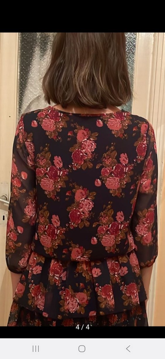 Lacivert Üzerine Bordo Çiçekli Mini Elbise - Görsel 4