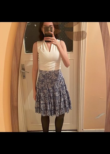 Çiçek Desenli Mavi Midi boy Etek - Görsel 2