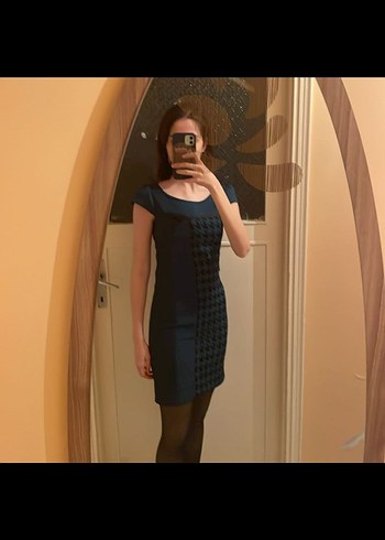 Kadın Yeşil Üzerine Siyah Kareli Midi Kalem Elbise - Görsel 3