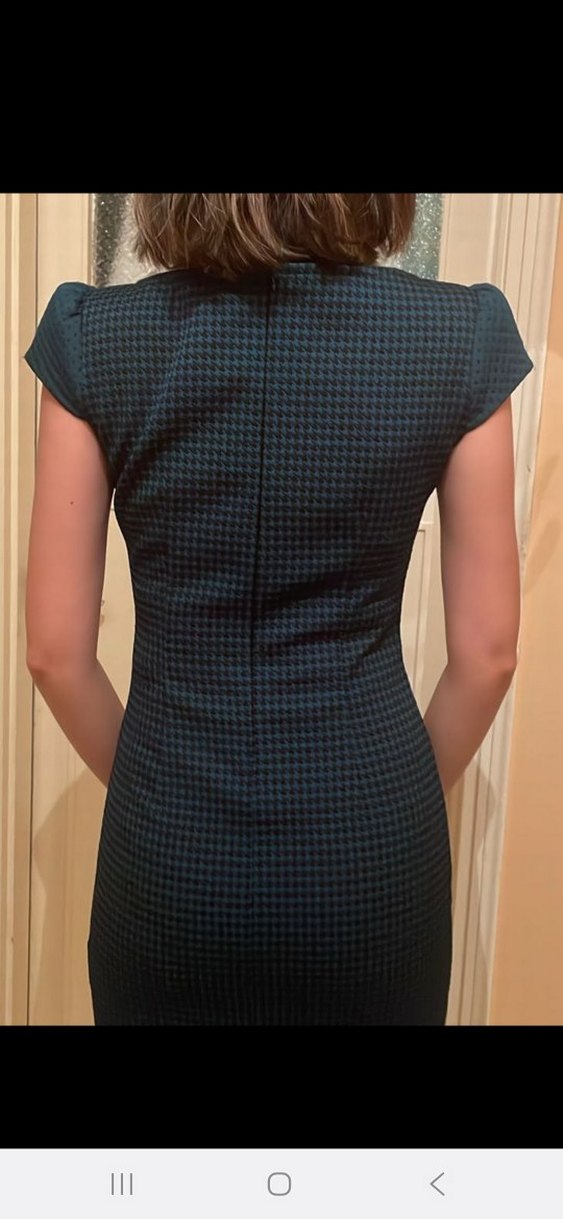 Kadın Yeşil Üzerine Siyah Kareli Midi Kalem Elbise - Görsel 4