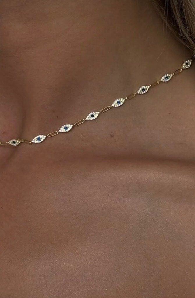 Zincir Detaylı Altın Renk Sıra Sıra Nazar Kolye - Görsel 2