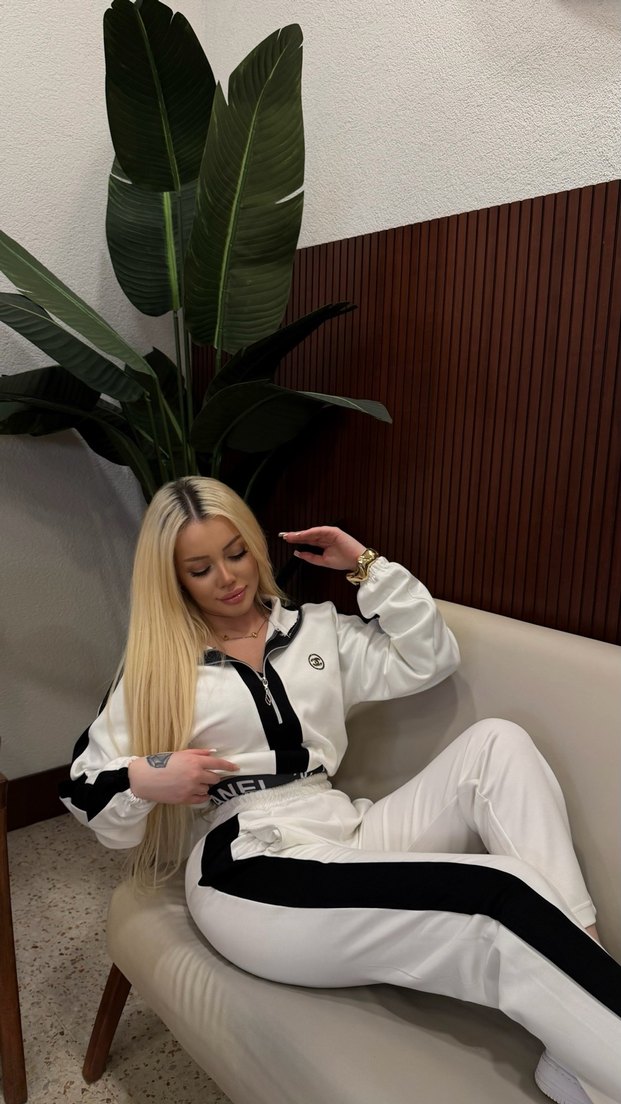 Beyaz Siyah Şeritli Kadın Eşofman Takımı - Görsel 4