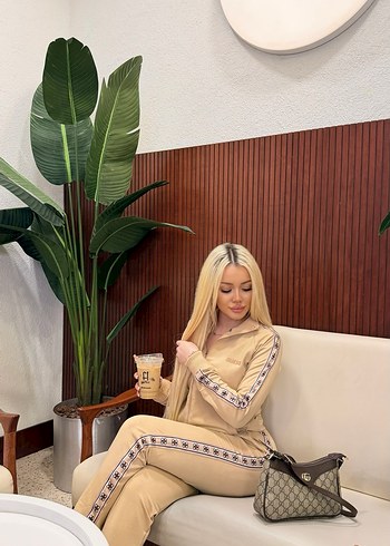 Bej Uzun Kollu Kadın Etnik Desenli Eşofman - Görsel 2