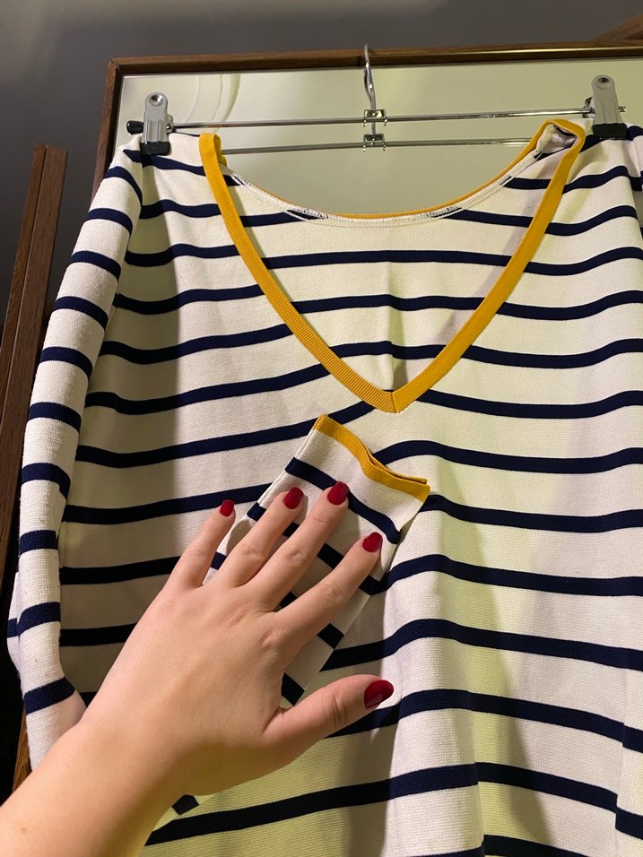 Sarı Detaylı Çizgili Uzun Kollu Kadın Kazak - Görsel 2