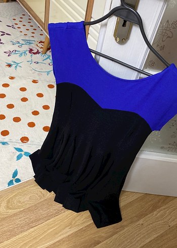 V Yaka Fermuarlı Mavi-Siyah elbise - Görsel 2