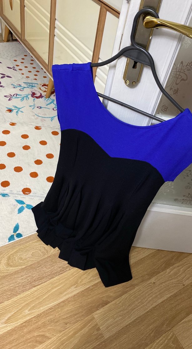 V Yaka Fermuarlı Mavi-Siyah elbise - Görsel 2