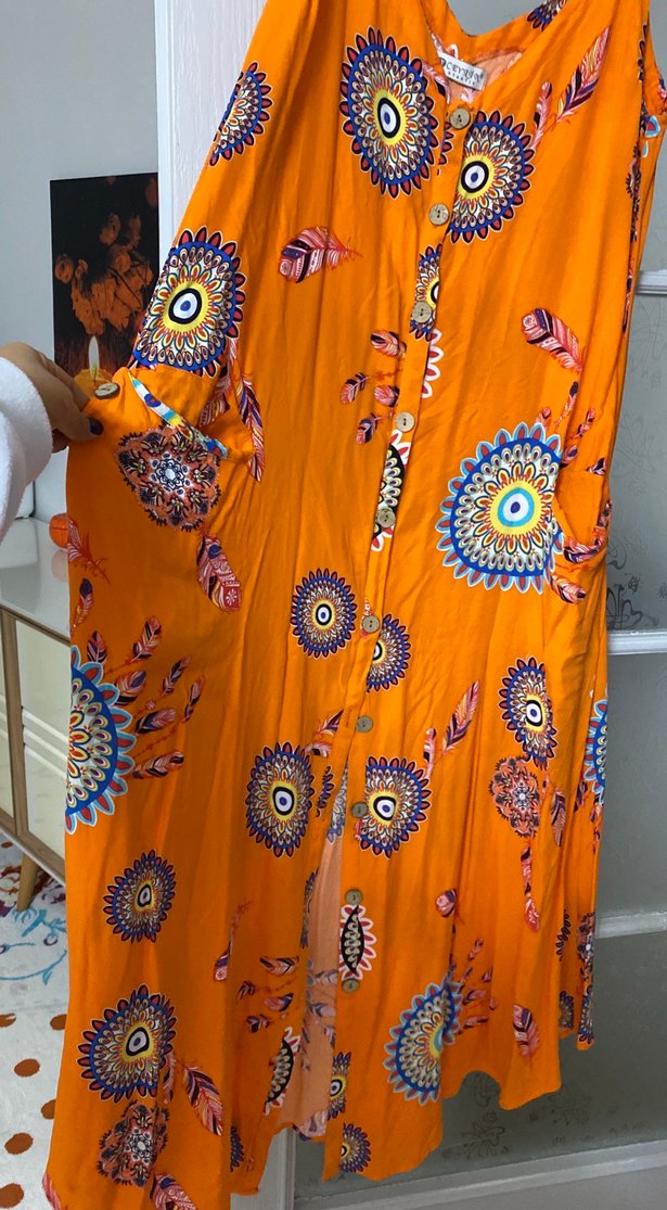 Renkli Bohem Uzun Elbise V Yaka - Görsel 3