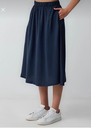 Lacivert Midi Boy Pliseli Keten Etek - Görsel 3